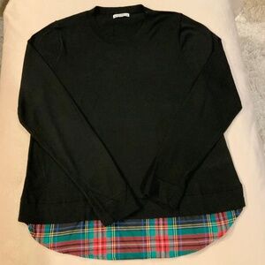 J. Crew Black Sweater with Vibrant Plaid Hem